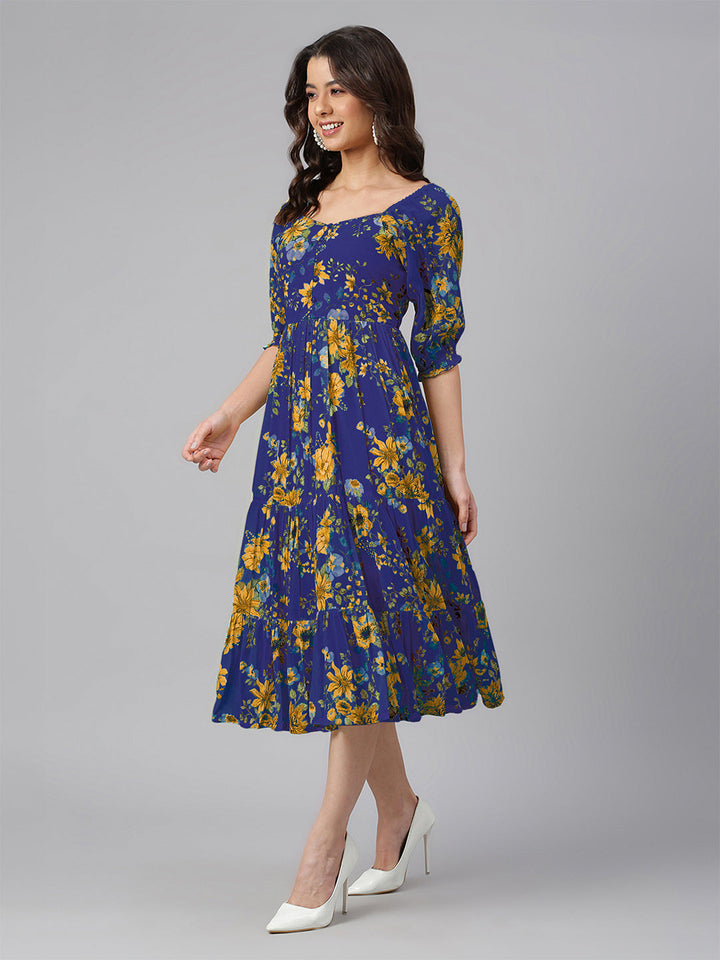 Blue Georgette Floral Printed Tiered Dress - qivii
