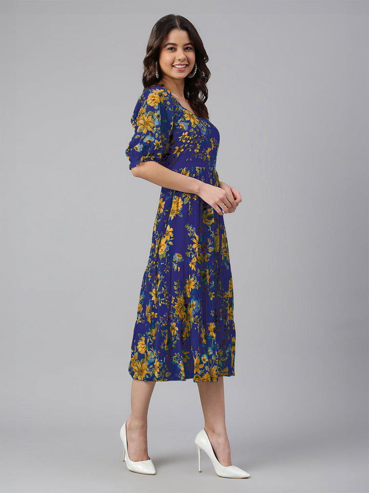 Blue Georgette Floral Printed Tiered Dress - qivii