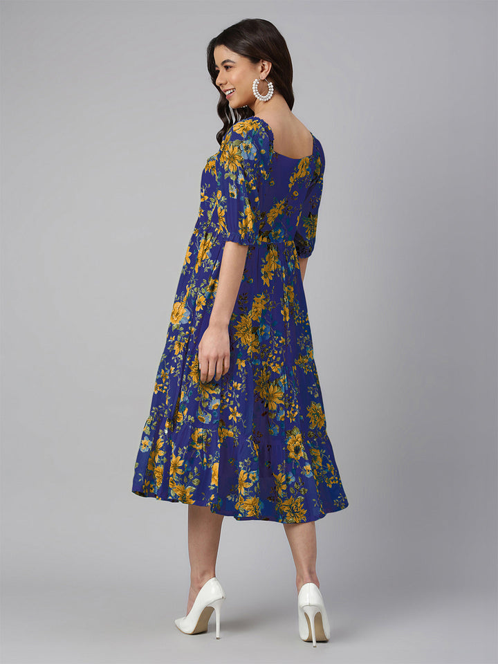 Blue Georgette Floral Printed Tiered Dress - qivii