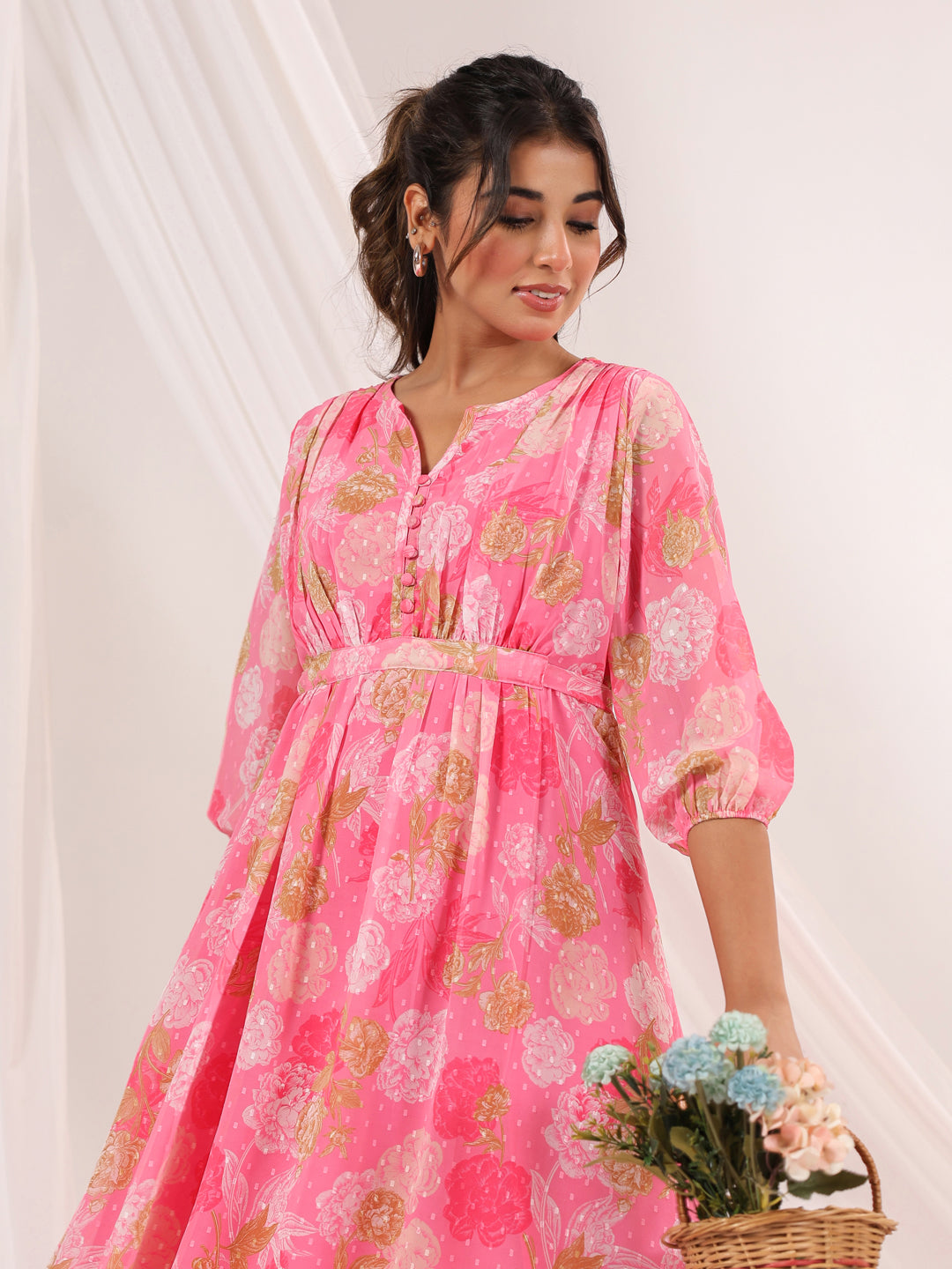 Janasya Women's Pink Georgette Floral Printed A-line Dress - qivii