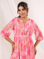 Janasya Women's Pink Georgette Floral Printed A-line Dress
