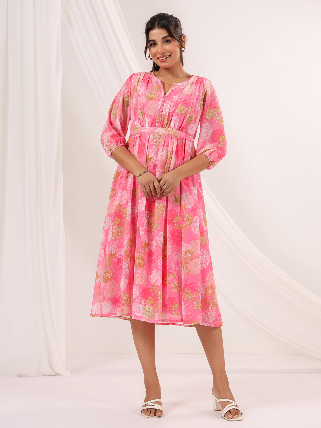 Janasya Women's Pink Georgette Floral Printed A-line Dress - qivii