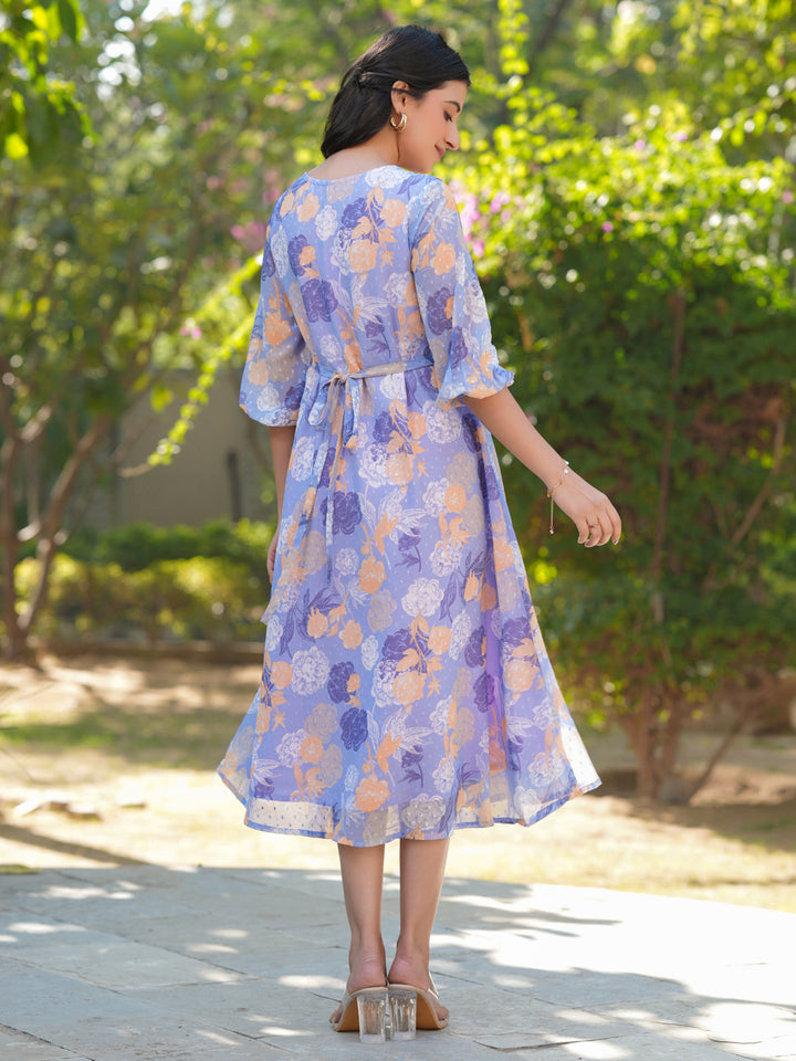 Lavender Georgette Floral Printed A-Line Dress - qivii