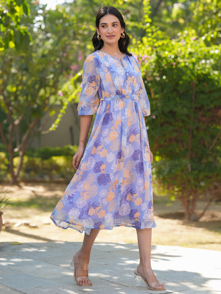 Lavender Georgette Floral Printed A-Line Dress - qivii