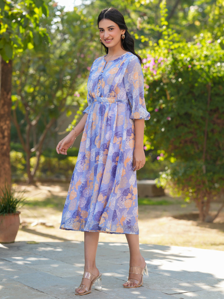 Lavender Georgette Floral Printed A-Line Dress - qivii