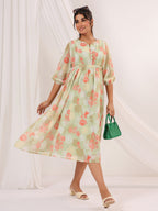 Janasya Women's Light Green Georgette Floral Printed A-line Dress