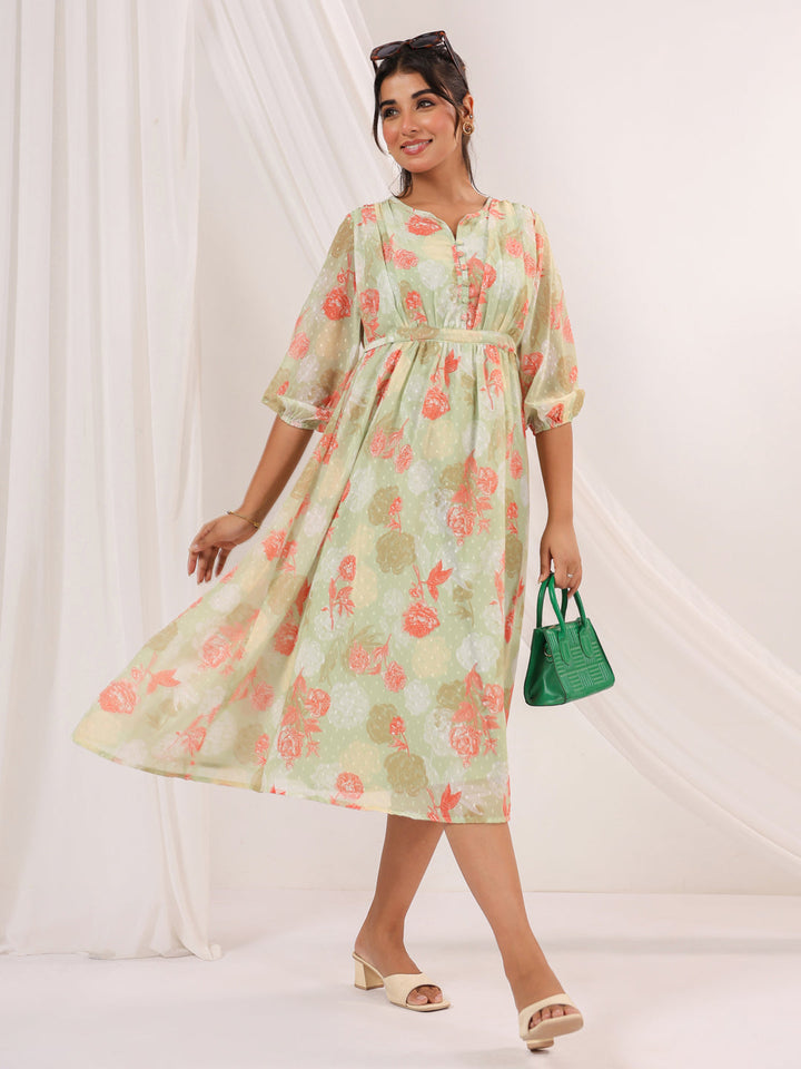 Janasya Women's Light Green Georgette Floral Printed A-line Dress - qivii