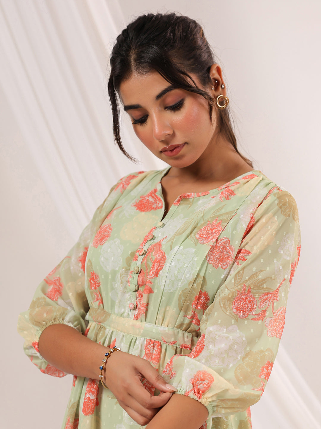 Janasya Women's Light Green Georgette Floral Printed A-line Dress