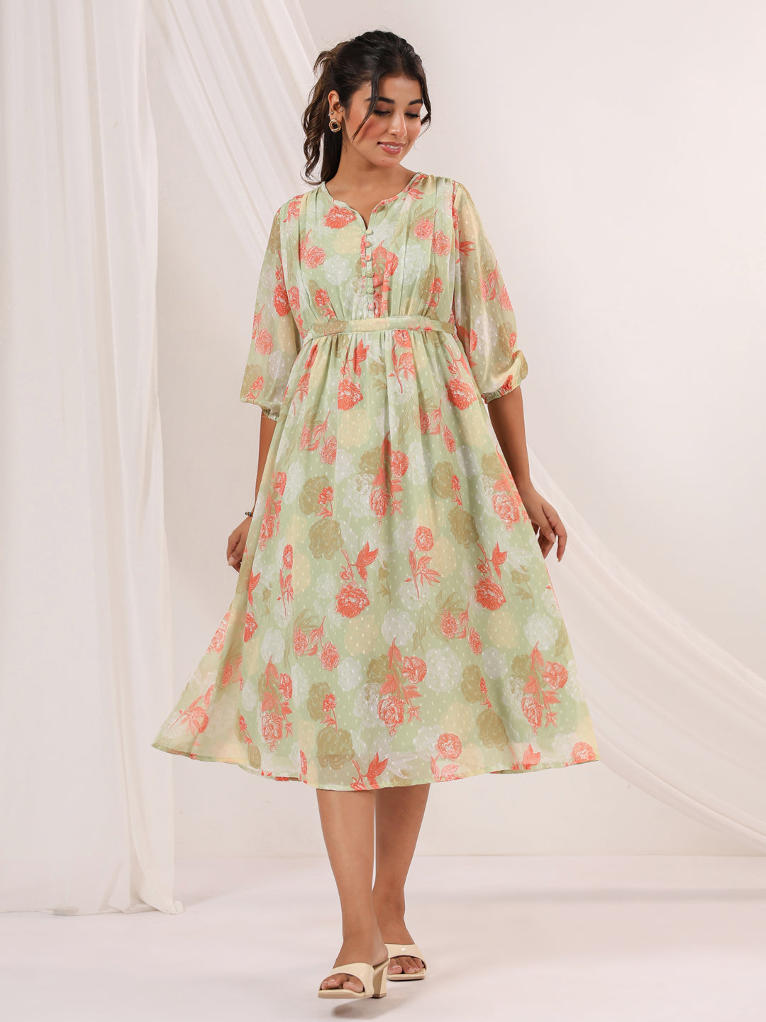 Janasya Women's Light Green Georgette Floral Printed A-line Dress