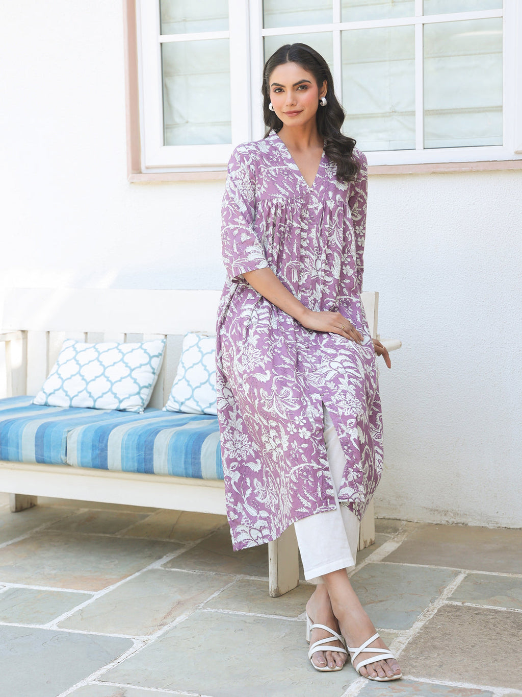 Purple Pure Cotton Floral Printed Flared Kurta