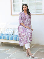 Purple Pure Cotton Floral Printed Flared Kurta