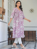 Purple Pure Cotton Floral Printed Flared Kurta