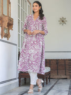 Purple Pure Cotton Floral Printed Flared Kurta