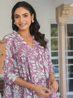 Purple Pure Cotton Floral Printed Flared Kurta