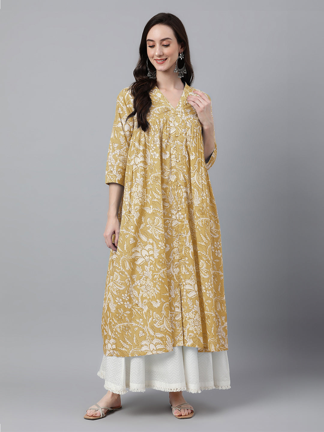 Mustard Pure Cotton Floral Printed Flared Kurta - qivii