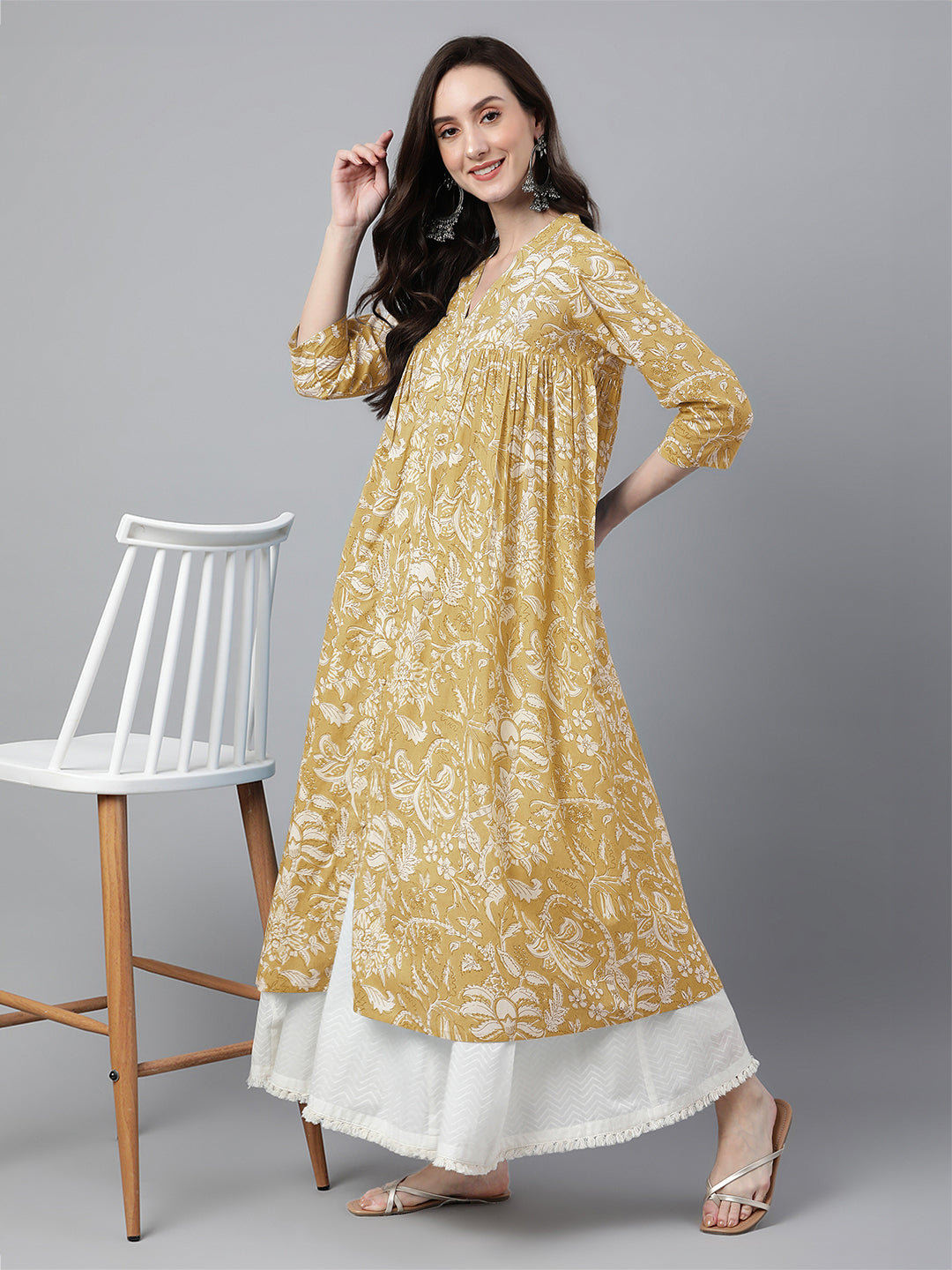 Mustard Pure Cotton Floral Printed Flared Kurta