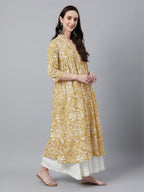 Mustard Pure Cotton Floral Printed Flared Kurta