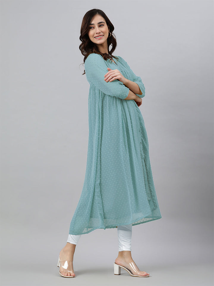 Blue Dobby Chiffon Self Design Flared Kurta - qivii