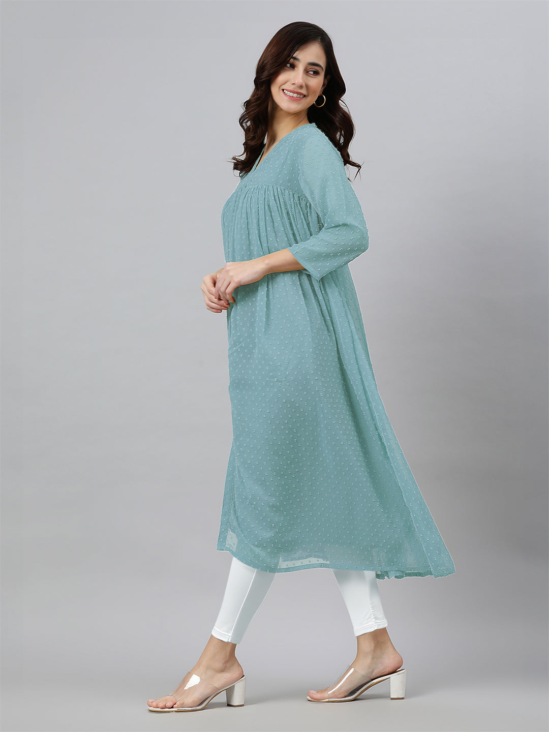 Blue Dobby Chiffon Self Design Flared Kurta - qivii