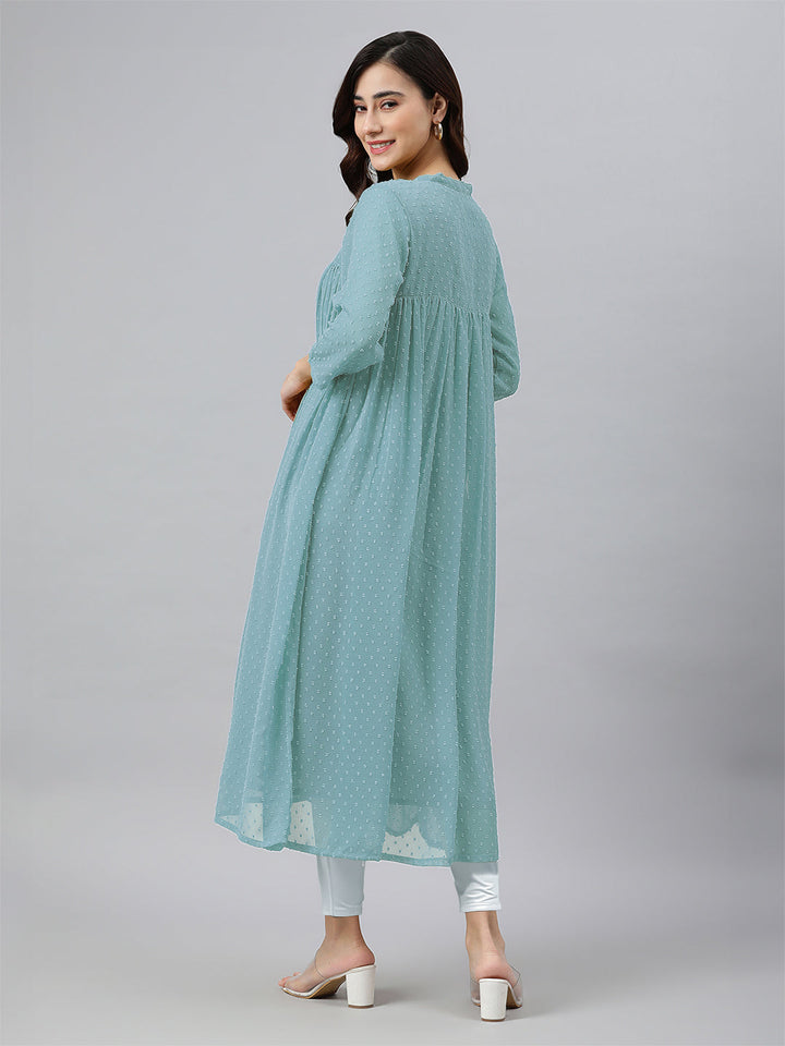 Blue Dobby Chiffon Self Design Flared Kurta - qivii
