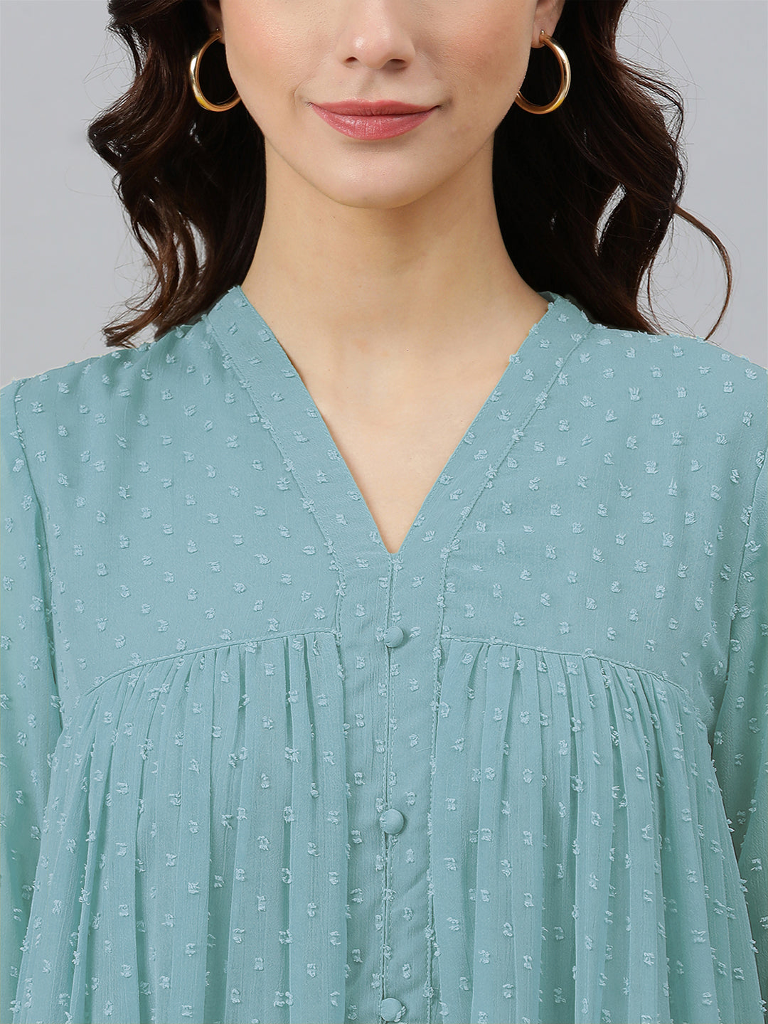 Blue Dobby Chiffon Self Design Flared Kurta - qivii