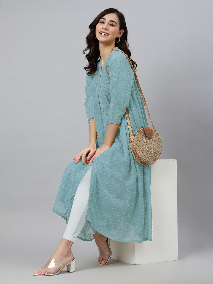 Blue Dobby Chiffon Self Design Flared Kurta - qivii