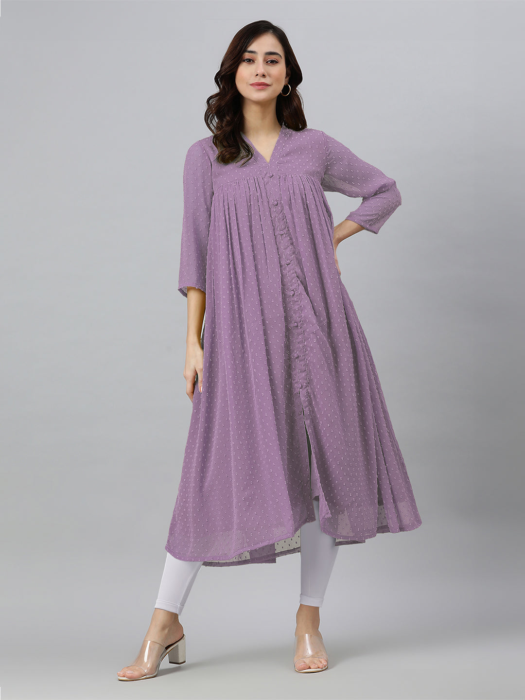 Lavender Dobby Chiffon Woven Design Front Slit Flared Kurta - qivii