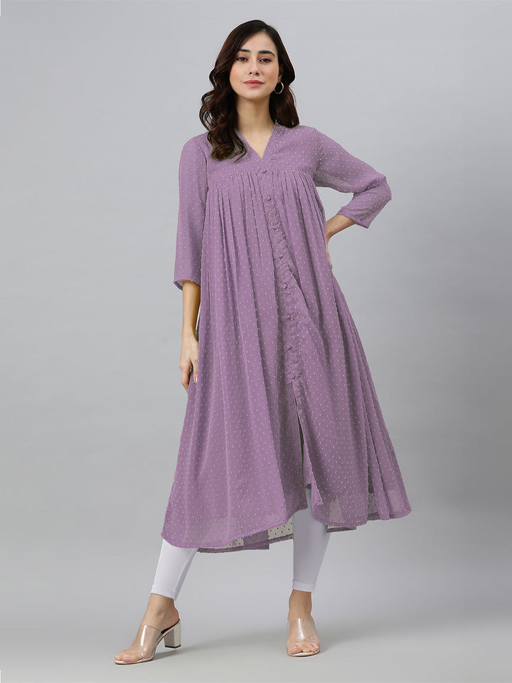 Lavender Dobby Chiffon Woven Design Front Slit Flared Kurta - qivii