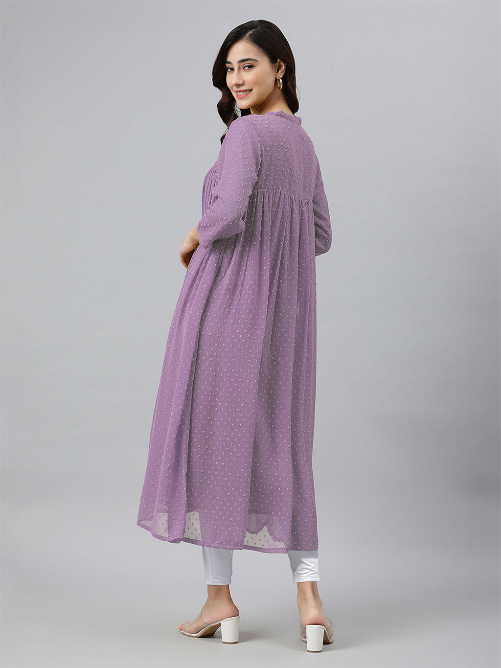 Lavender Dobby Chiffon Woven Design Front Slit Flared Kurta