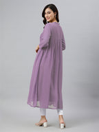 Lavender Dobby Chiffon Woven Design Front Slit Flared Kurta