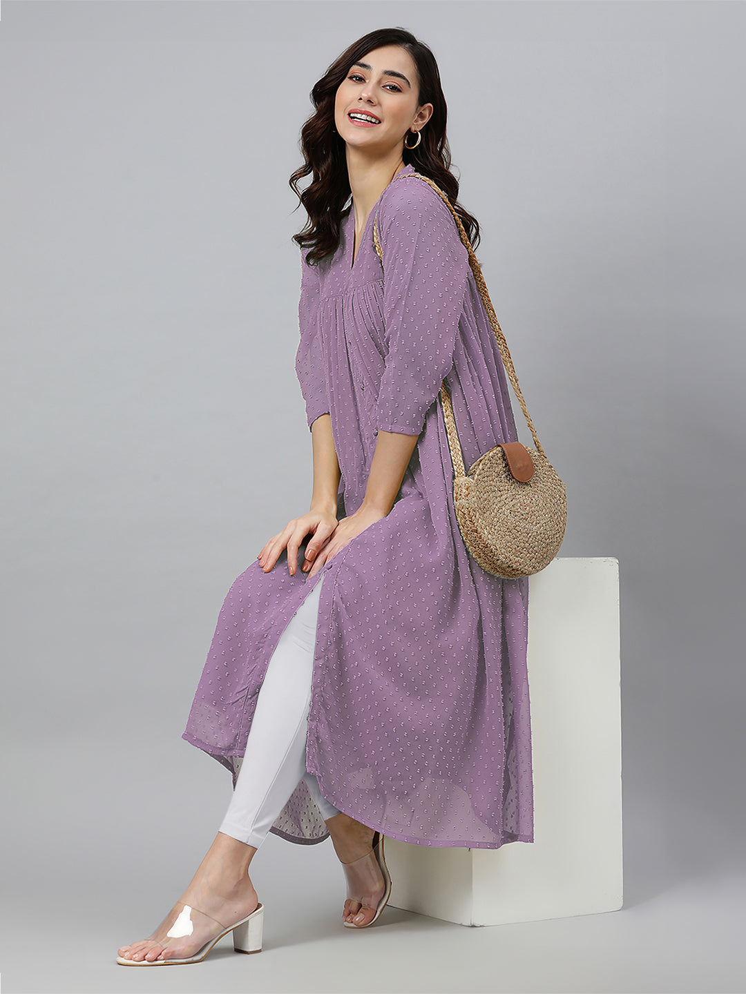 Lavender Dobby Chiffon Woven Design Front Slit Flared Kurta - qivii