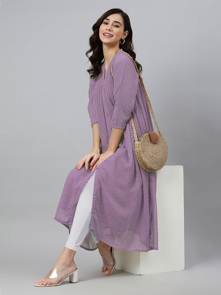 Lavender Dobby Chiffon Woven Design Front Slit Flared Kurta - qivii