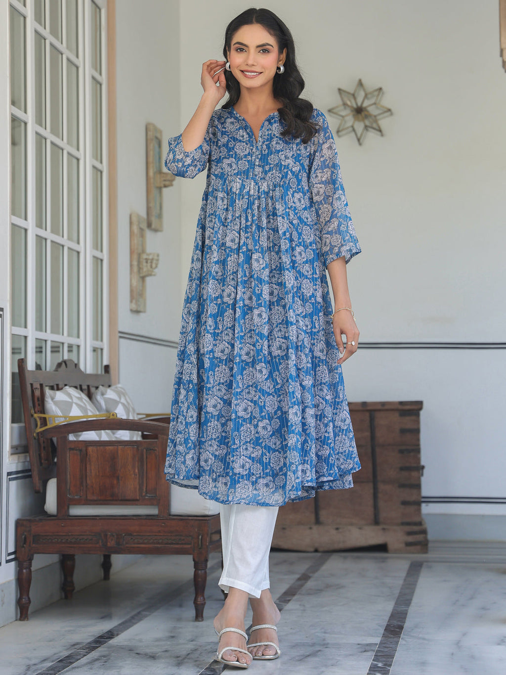 Janasya Women's Blue Chiffon Lurex Floral Printed A-line Kurta