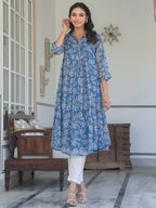 Janasya Women's Blue Chiffon Lurex Floral Printed A-line Kurta