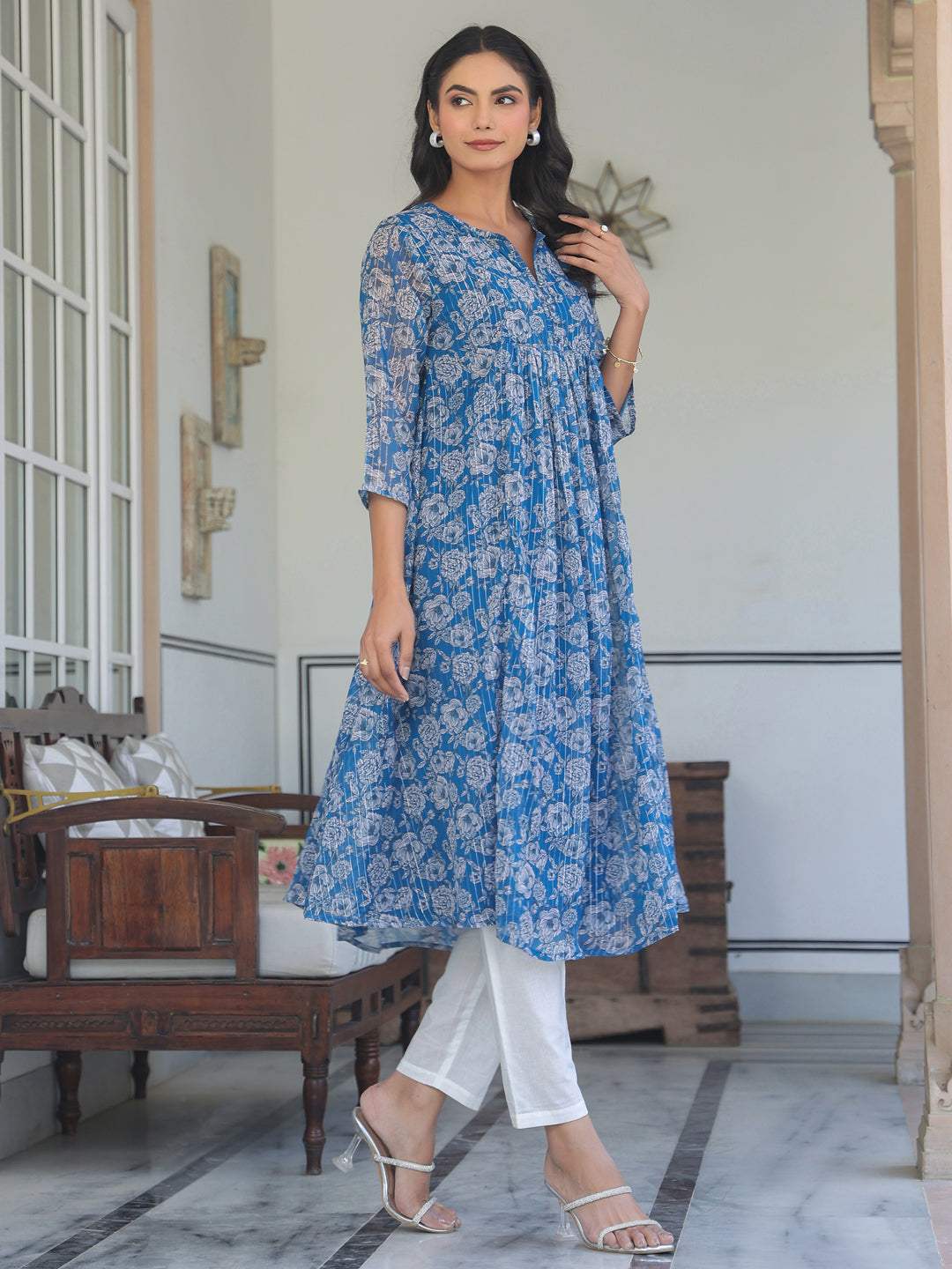 Janasya Women's Blue Chiffon Lurex Floral Printed A-line Kurta