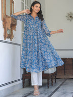 Janasya Women's Blue Chiffon Lurex Floral Printed A-line Kurta