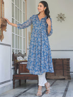 Janasya Women's Blue Chiffon Lurex Floral Printed A-line Kurta