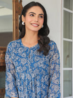 Janasya Women's Blue Chiffon Lurex Floral Printed A-line Kurta