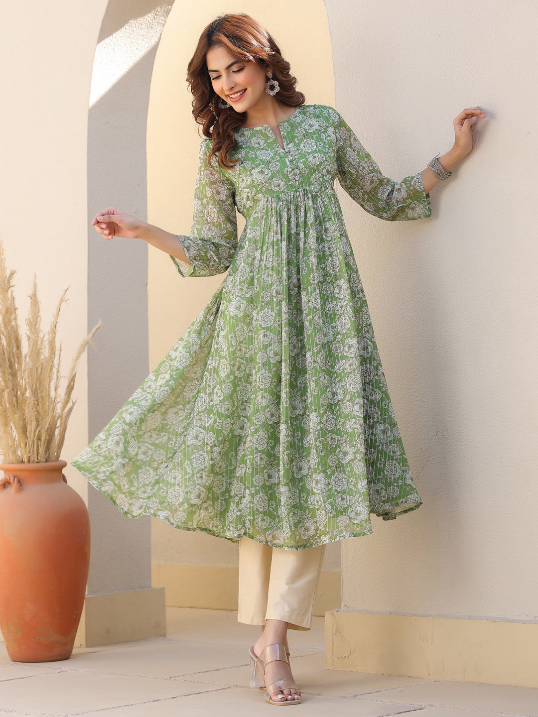 Janasya Women's Green Chiffon Lurex Floral Printed A-line Kurta - qivii