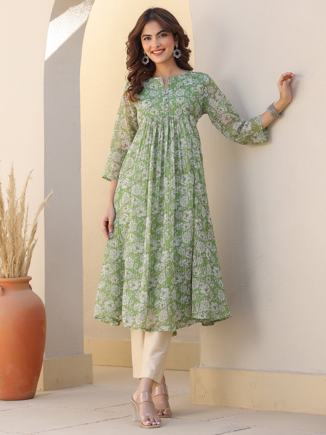 Janasya Women's Green Chiffon Lurex Floral Printed A-line Kurta - qivii