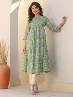 Janasya Women's Green Chiffon Lurex Floral Printed A-line Kurta