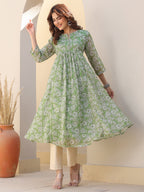 Janasya Women's Green Chiffon Lurex Floral Printed A-line Kurta