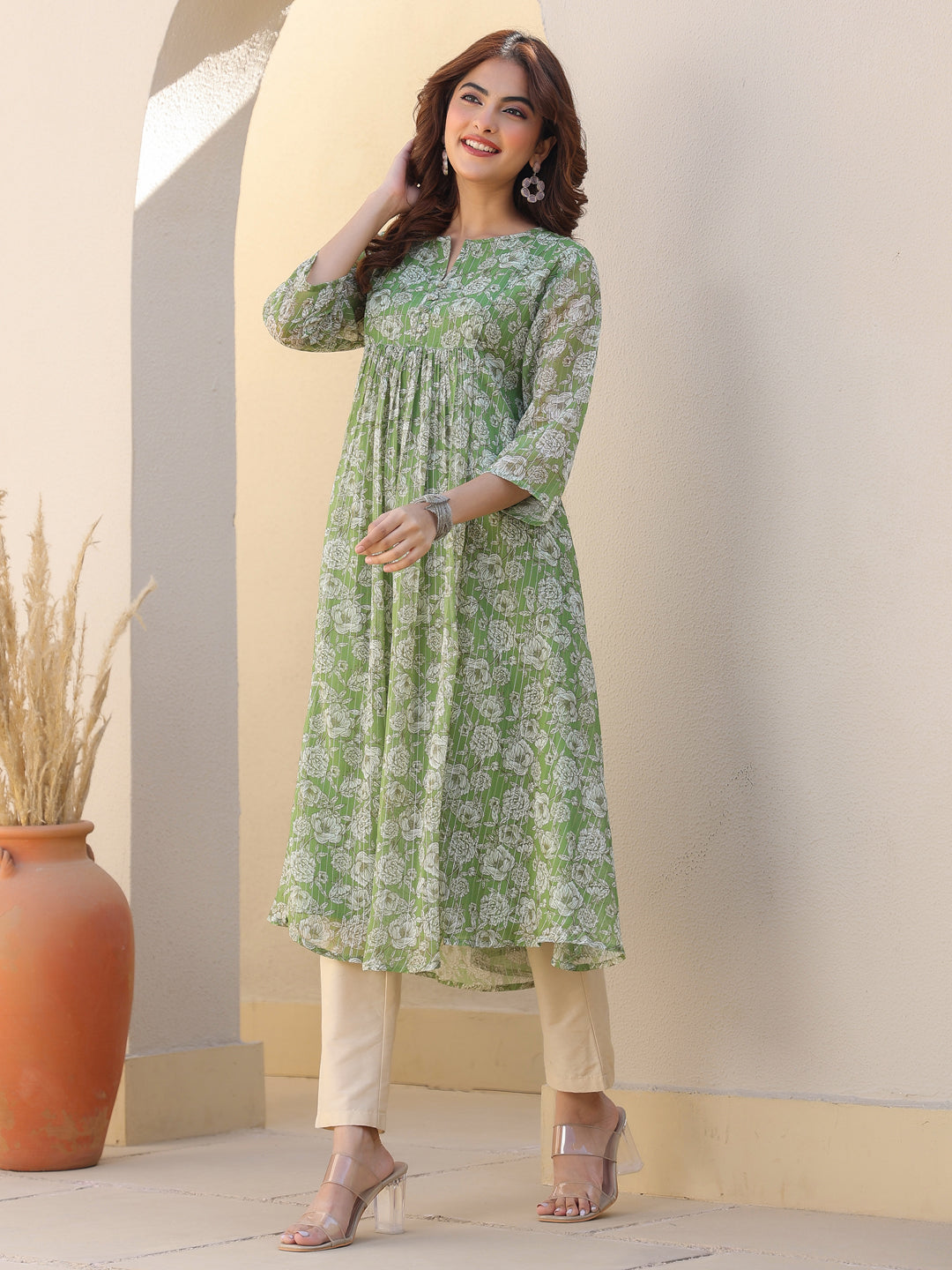 Janasya Women's Green Chiffon Lurex Floral Printed A-line Kurta - qivii