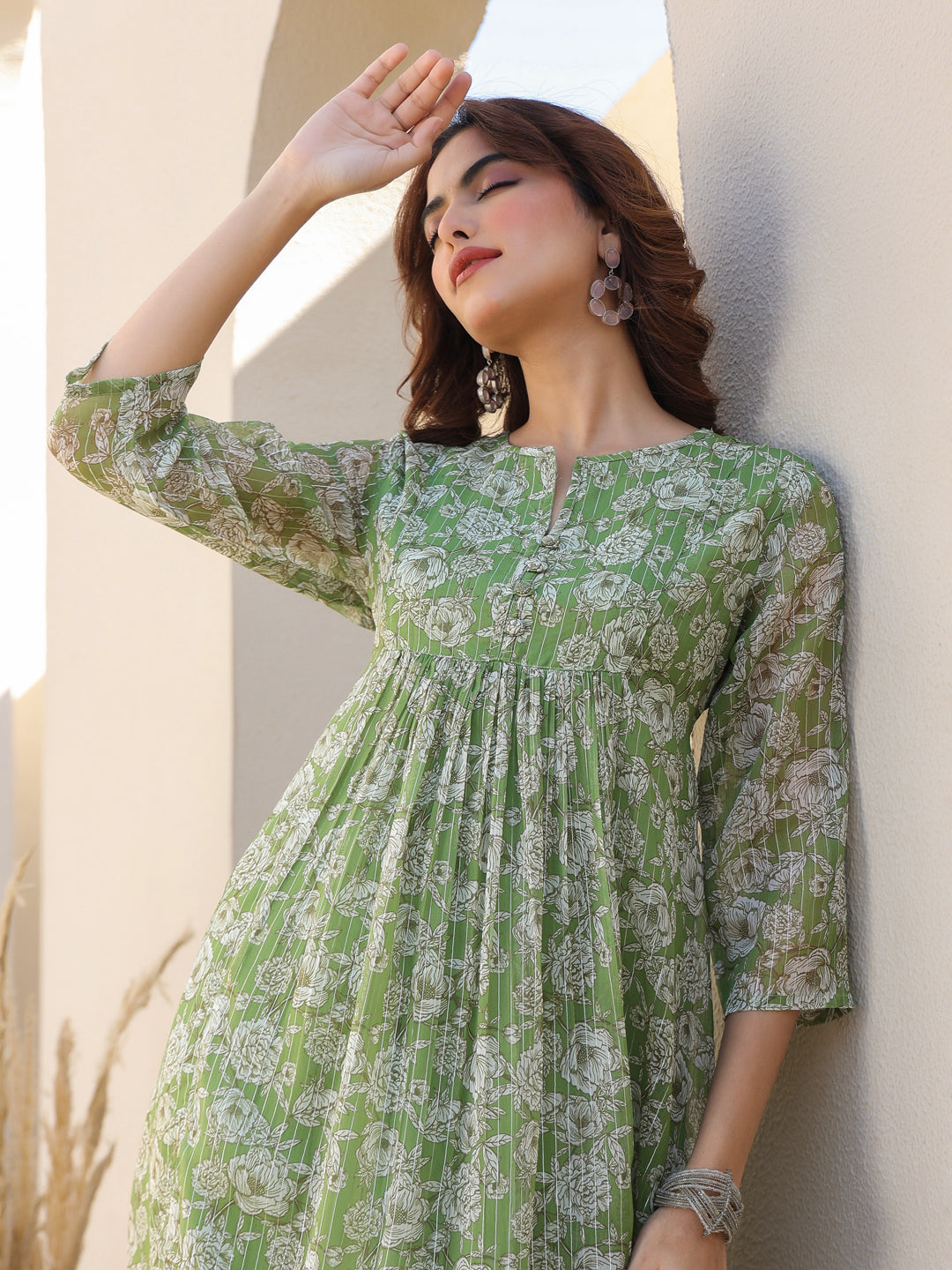 Janasya Women's Green Chiffon Lurex Floral Printed A-line Kurta - qivii