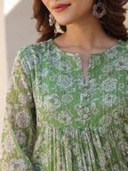 Janasya Women's Green Chiffon Lurex Floral Printed A-line Kurta