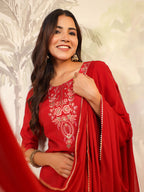 Maroon Chanderi Silk Embroidered Straight Kurta Set