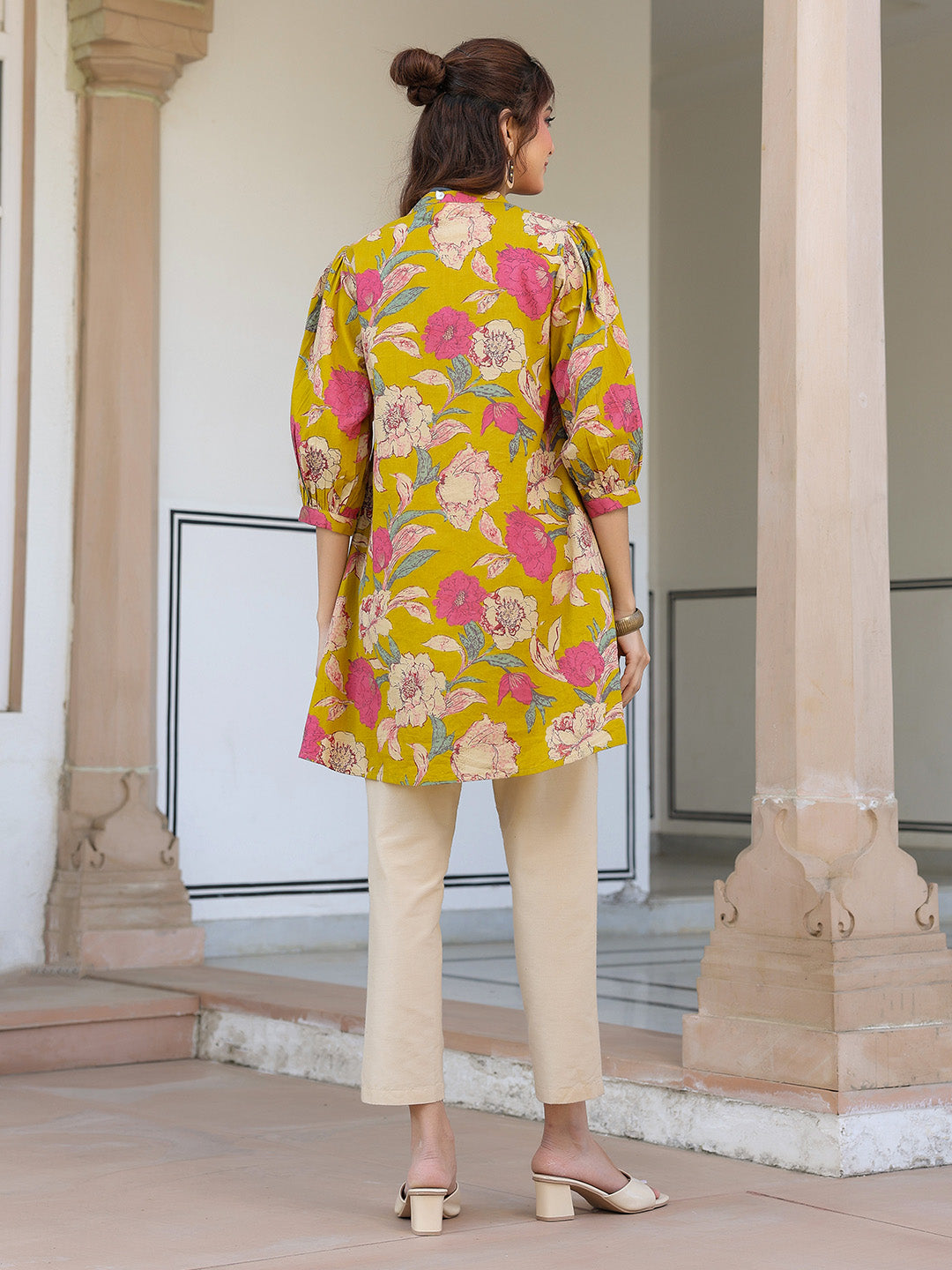 Mustard Pure Cotton Floral Printed A-line Tunic