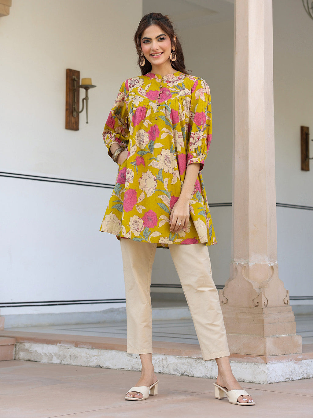 Mustard Pure Cotton Floral Printed A-line Tunic