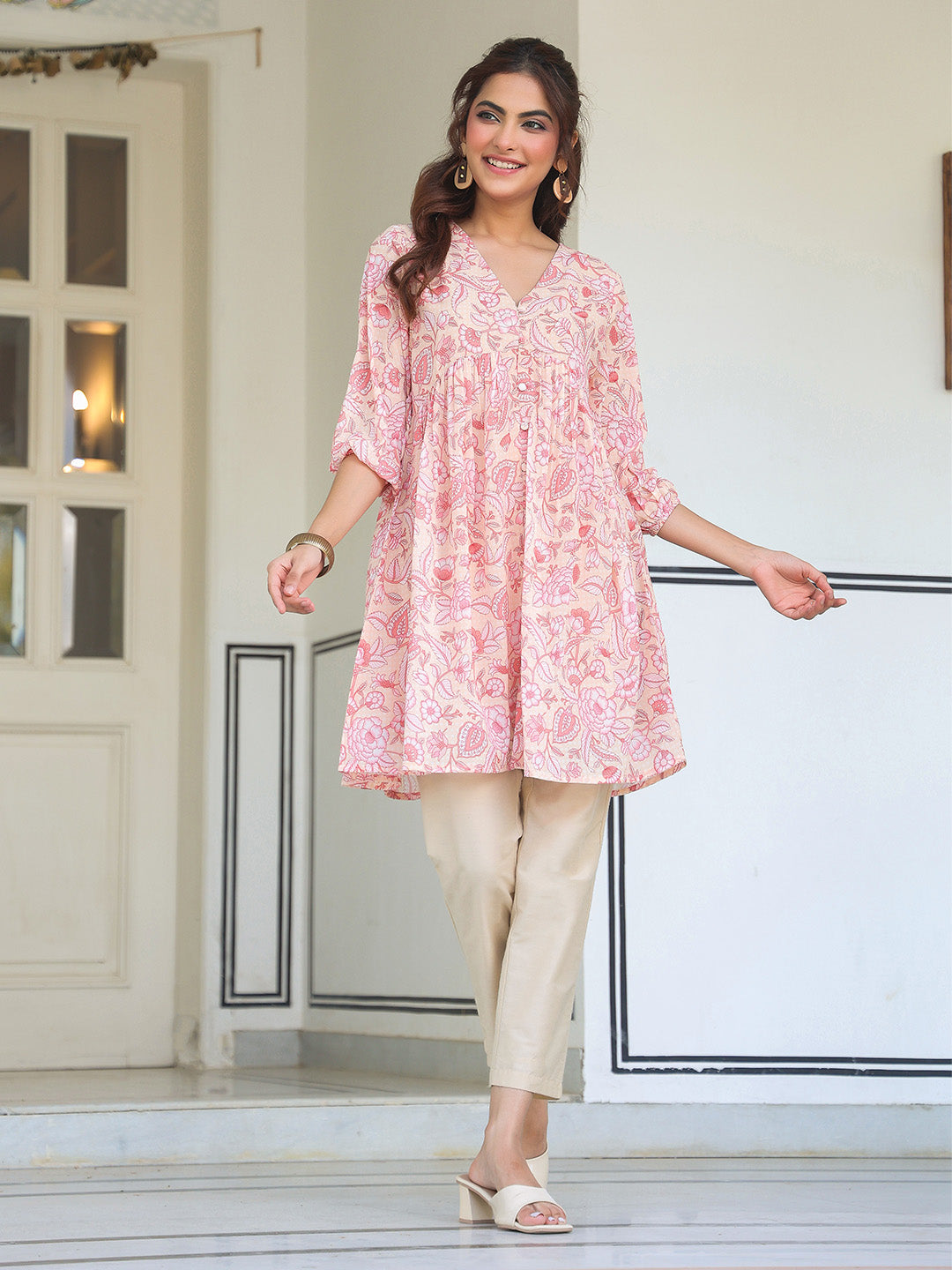 Peach Georgette Floral Printed Gathered Tunic