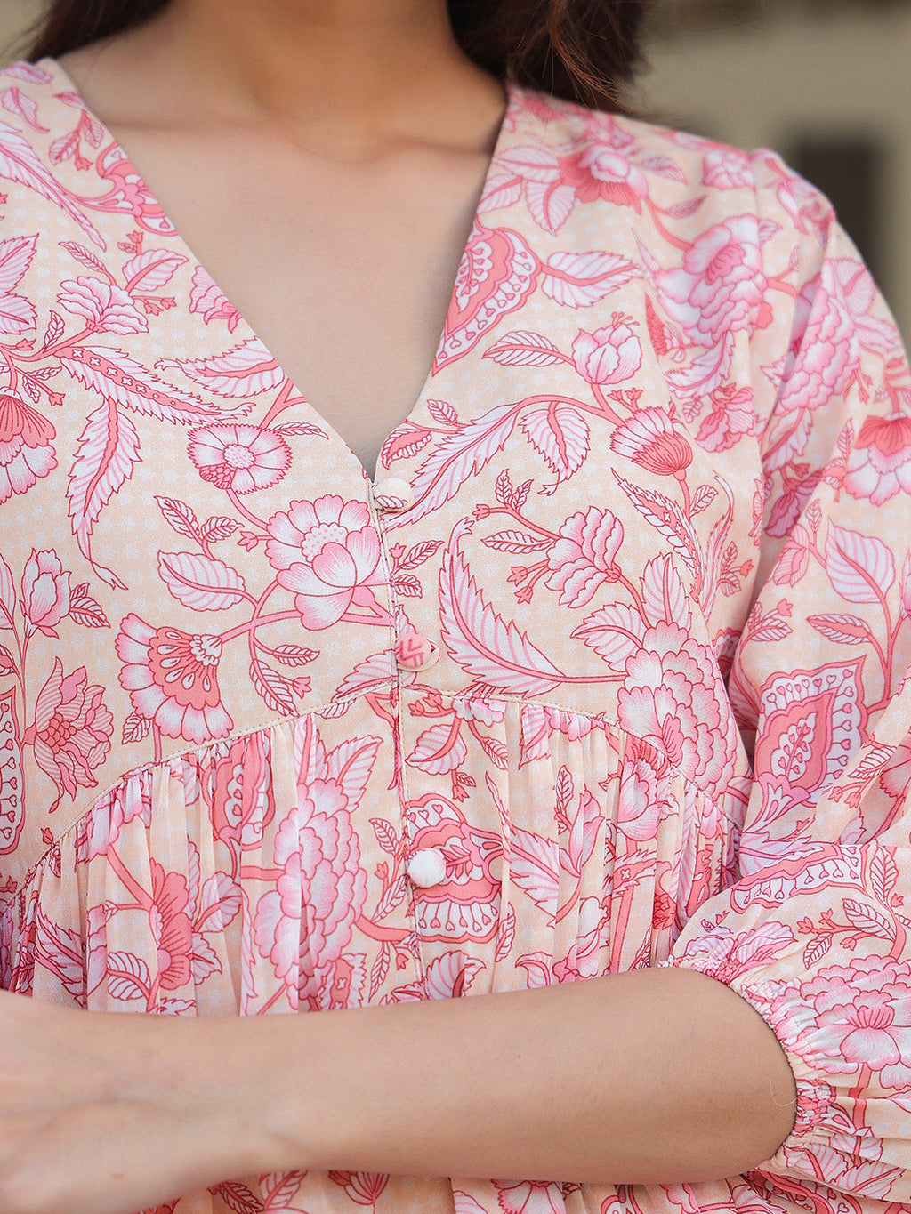 Peach Georgette Floral Printed Gathered Tunic